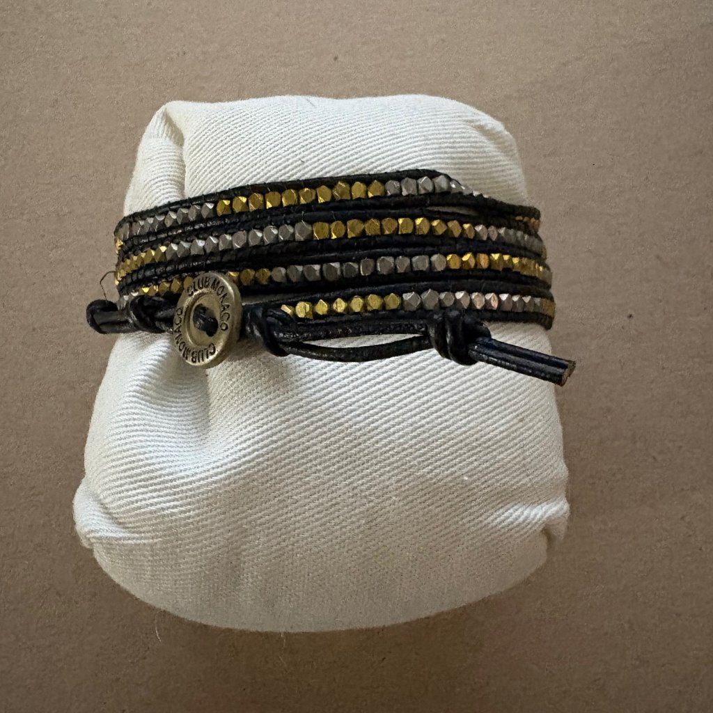 Club Monaco Black Leather Multiple Wrap Bracelet With Gold & Pewter Metal Beads